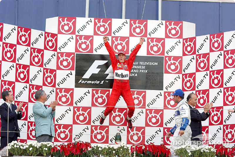 Michael Schumacher celebrating on the podium