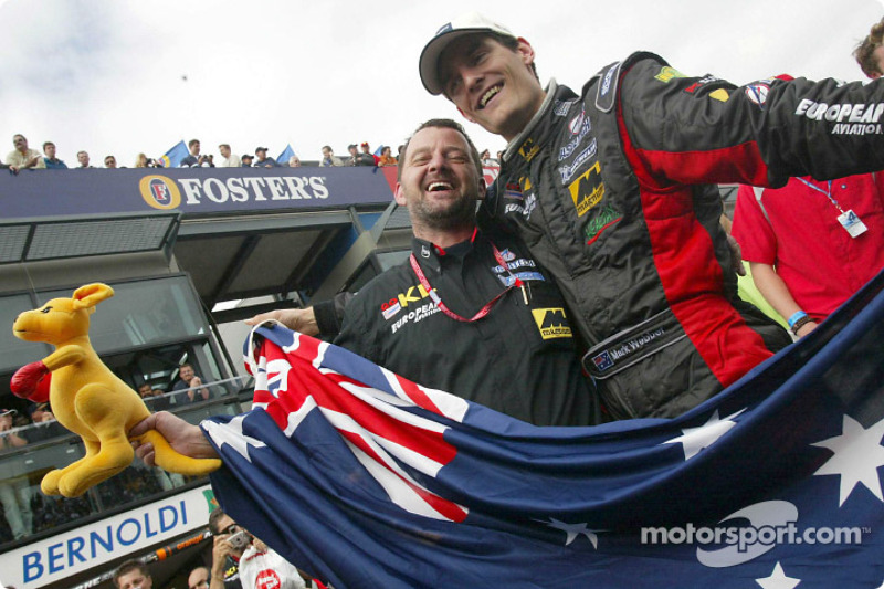 Mark Webber, Paul Stoddart and the boxing kangaroo celebrating