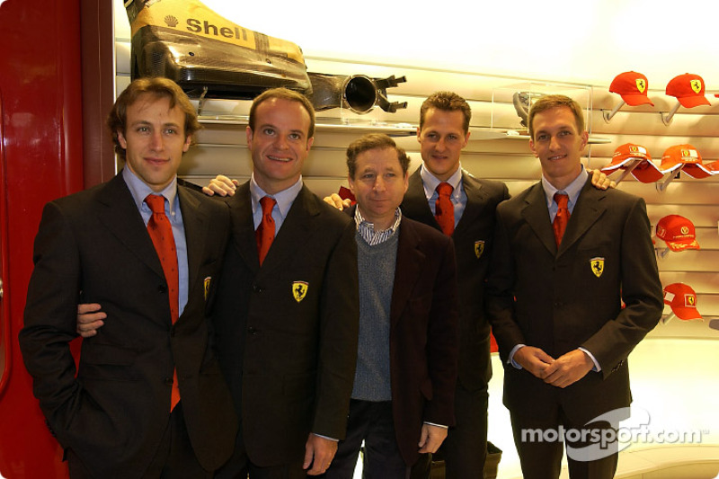 Official opening of Ferrari Store, Maranello: Luca Badoer, Rubens Barrichello, Jean Todt, Michael Schumacher and Luciano Burti