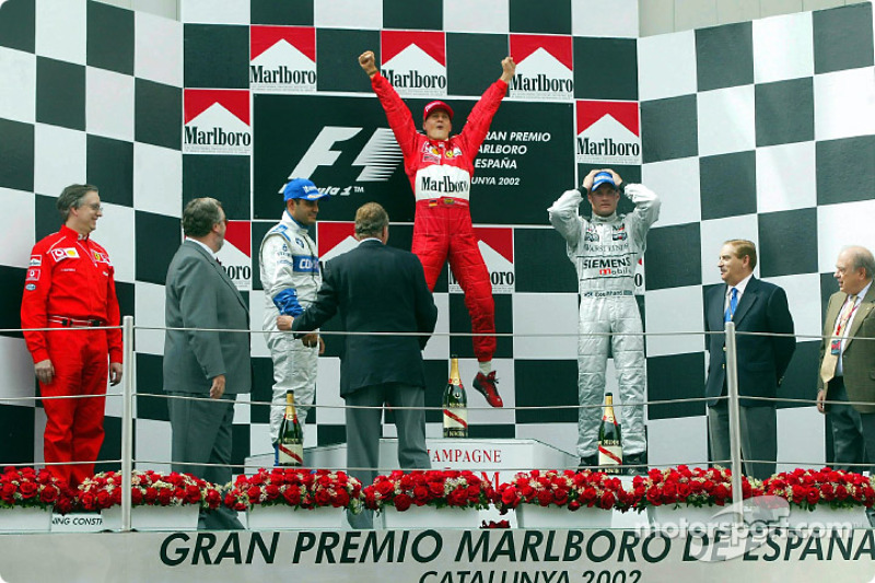 Podium: winnaar Michael Schumacher, Juan Pablo Montoya en David Coulthard