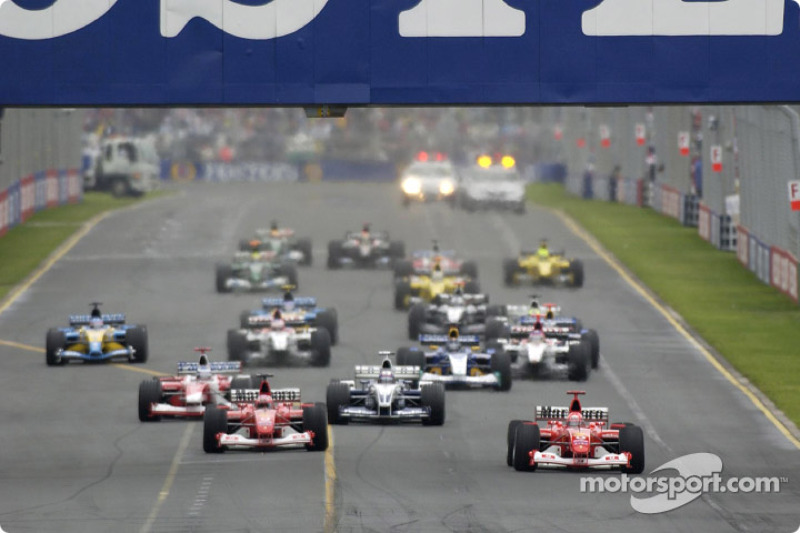 The start: Michael Schumacher takes the lead in front of Rubens Barrichello