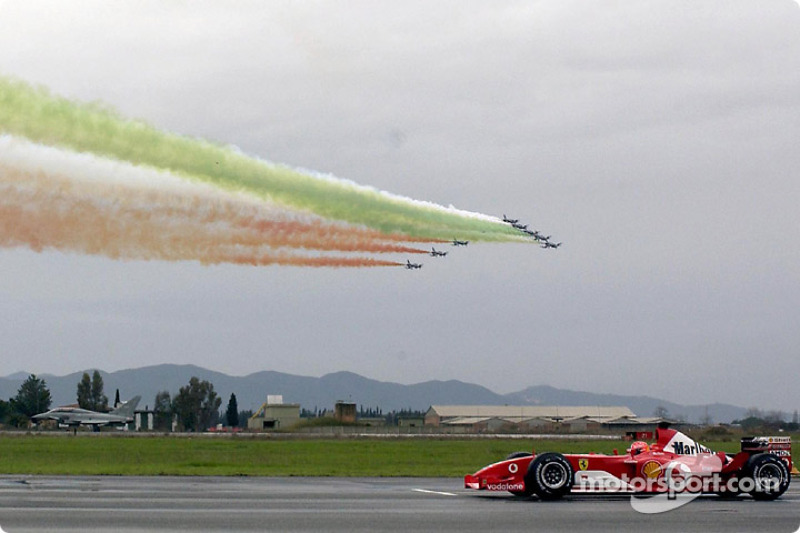 Michael Schumacher with his Ferrari F2003-GA against the Eurofighter Typhoon