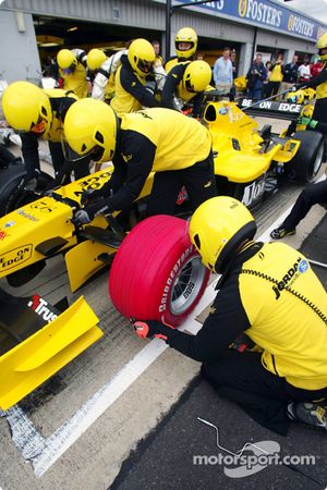 The Jordan EJ14 sports a red Bridgestone tyre in aid of the charity Sport Relief