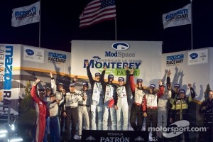 Class winners podium: LMP1 winners Adrian Fernandez, Harold Primat, Stefan Mücke, LMP2 winners Scott Tucker, Christophe Bouchut, Luis Diaz, LMPC winners Eric Lux, Elton Julian, Michael Guasch, GT winners Jörg Bergmeister, Patrick Long, GTC winners Duncan