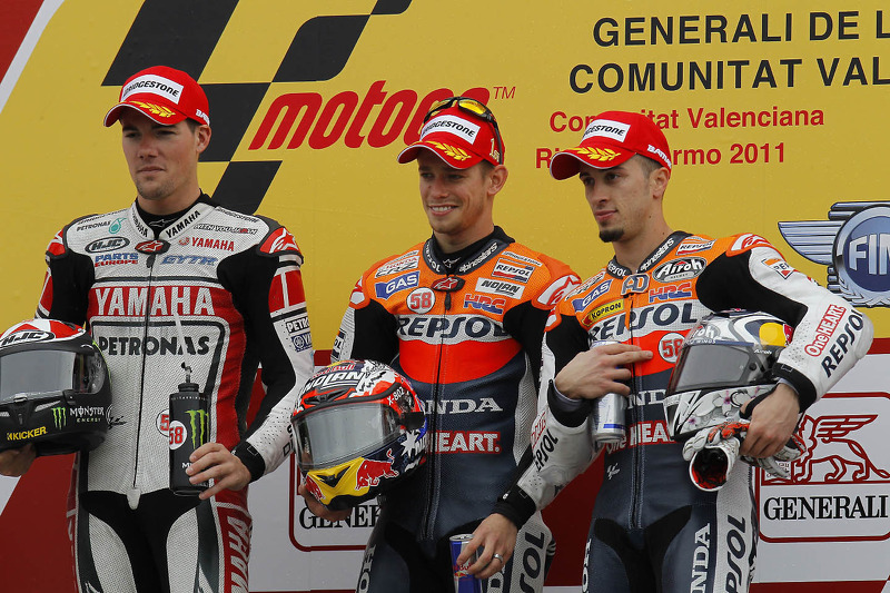 Podio: ganador de la carrera Casey Stoner, segundo lugar  Ben Spies, tercer lugar Andrea Dovizioso