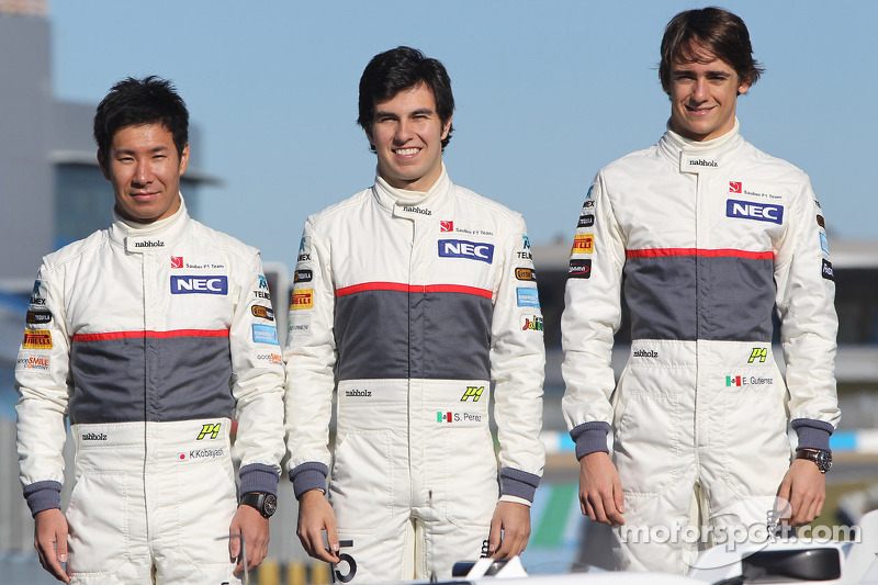 2012 Kamui Kobayashi, Sauber F1 Team con Sergio Pérez, Sauber F1 Team y Esteban Gutiérrez, Sauber F1 Team