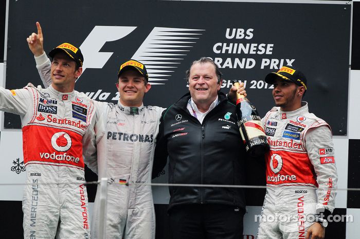 2012: 1. Nico Rosberg, 2. Jenson Button, 3. Lewis Hamilton