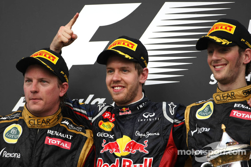 Kimi Raikkonen, Lotus F1 Team, Sebastian Vettel, Red Bull Racing et Romain Grosjean, Lotus F1 Team