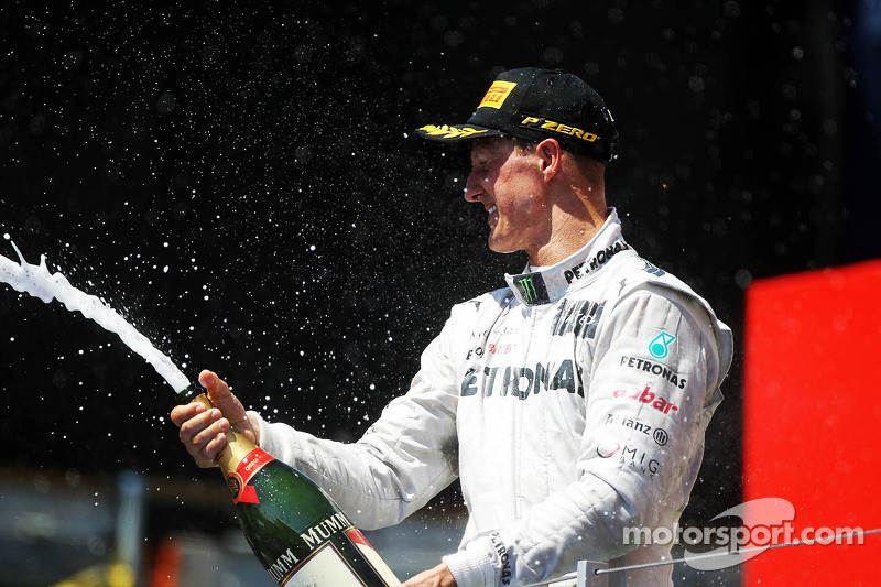 Michael Schumacher, Mercedes AMG F1 celebrates his third position on the podium