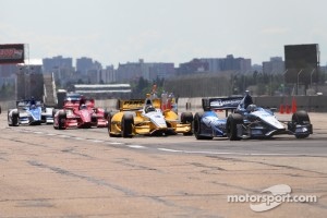 Alex Tagliani, Team Barracuda - BHA Honda, Helio Castroneves, Team Penske Chevrolet, Dario Franchitti, Target Chip Ganassi Racing Honda and Takuma Sato, Rahal Letterman Lanigan Honda