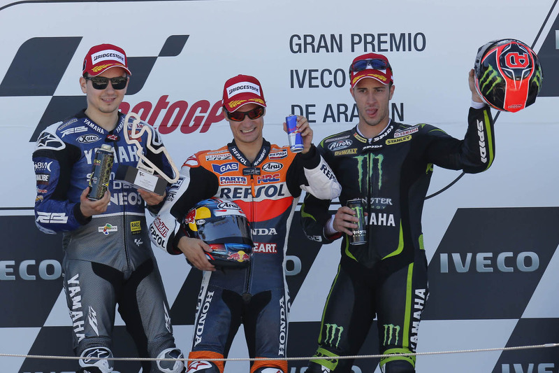 Podio: ganador de la carrera Dani Pedrosa, Repsol Honda Team, segundo lugar Jorge Lorenzo Yamaha Fac