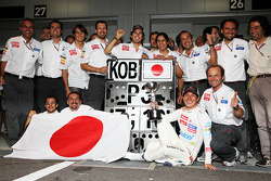Kamui Kobayashi, Sauber celebrates his third position with the team