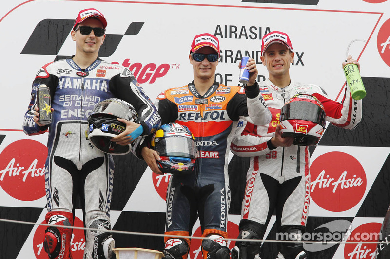 2012 podium with winner Dani Pedrosa, Jorge Lorenzo and Alvaro Bautista