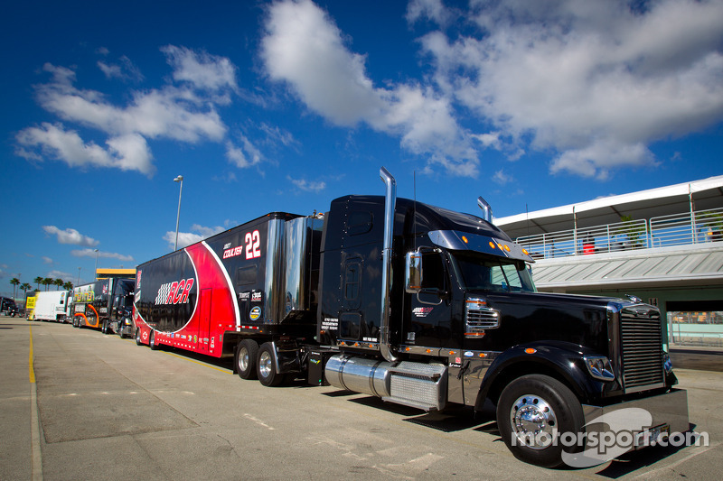 NASCAR Camping World Truck Series haulers enter the garage area at