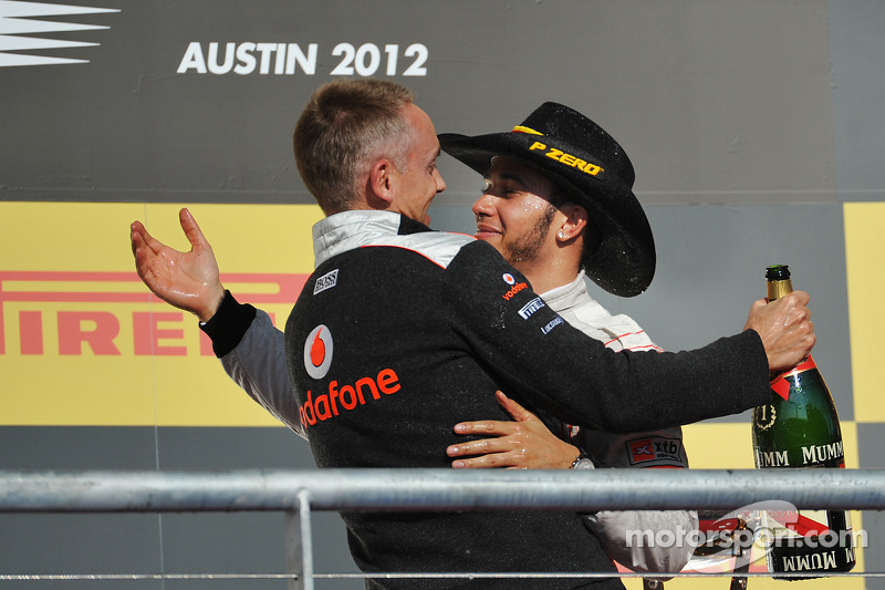 Podium: race winner Lewis Hamilton, McLaren Mercedes, celebrates with team manager Martin Whitmarsh