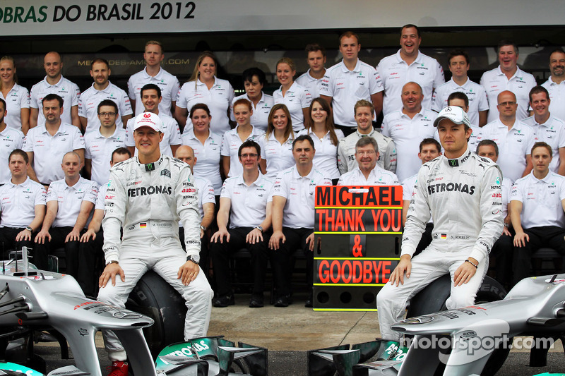 Michael Schumacher, Mercedes AMG F1 and Nico Rosberg, Mercedes AMG F1 at a team photograph