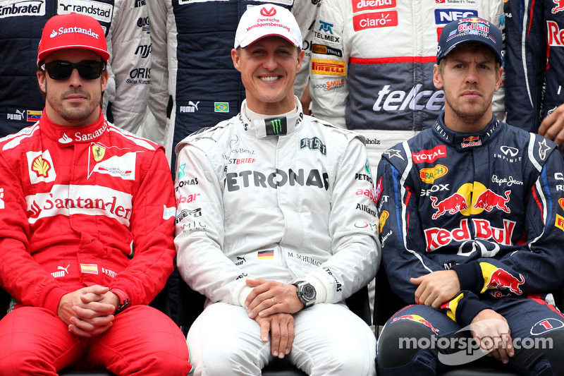 Fernando Alonso, Scuderia Ferrari, Michael Schumacher, Mercedes GP en Sebastian Vettel, Red Bull Rac