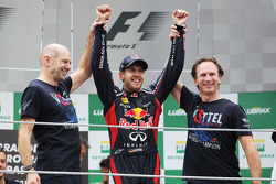 Sebastian Vettel, Red Bull Racing celebrates his World Championship with Adrian Newey, Red Bull Racing Chief Technical Officer, Christian Horner, Red Bull Racing Team Principal and the team