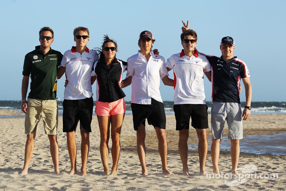 Rookie drivers on the beach, Giedo van der Garde, Caterham F1 Team; Esteban Gutierrez, Sauber; Max Chilton, Marussia F1 Team; Jules Bianchi, Marussia F1 Team; Valtteri Bottas