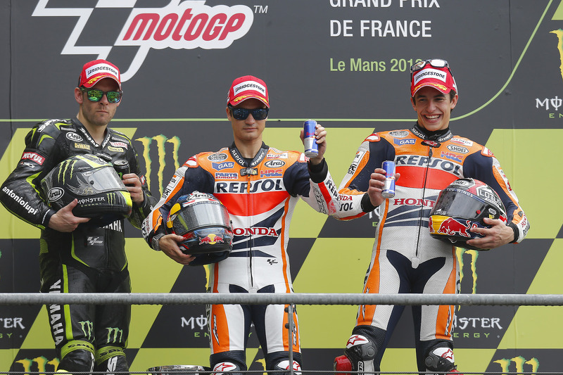 Podio: ganador de la carrera Dani Pedrosa, Repsol Honda Team, segundo lugar Cal Crutchlow, Monster Yamaha Tech 3, tercer lugar Marc Márquez, Repsol Honda Team