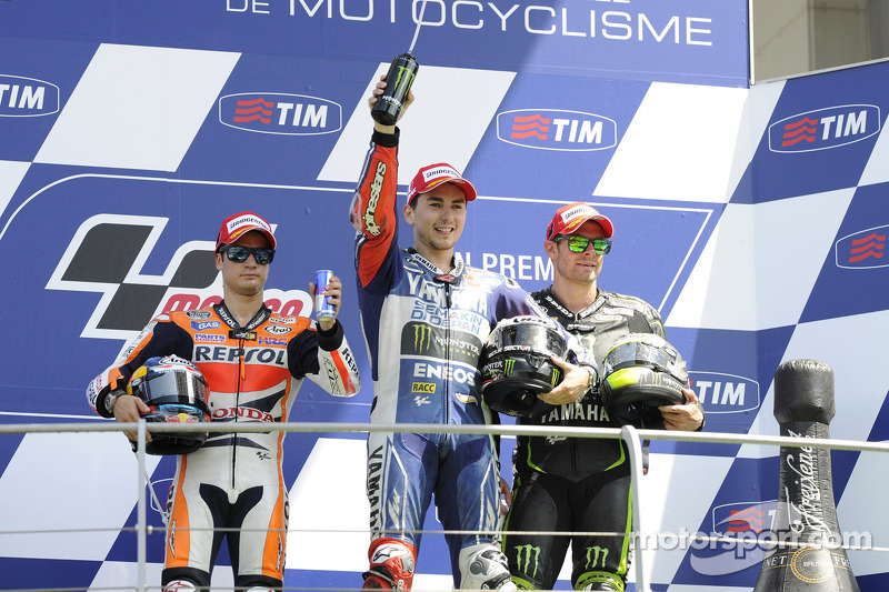 Race winner Jorge Lorenzo, second place Dani Pedrosa, third place Cal Crutchlow