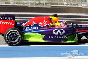 Sebastian Vettel, Red Bull Racing RB10 running flow-vis paint on the sidepod