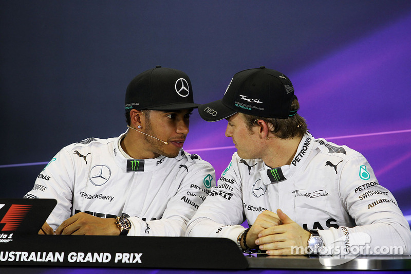 (L to R): Lewis Hamilton, Mercedes AMG F1 with team mate Nico Rosberg, Mercedes AMG F1 in the FIA Pr