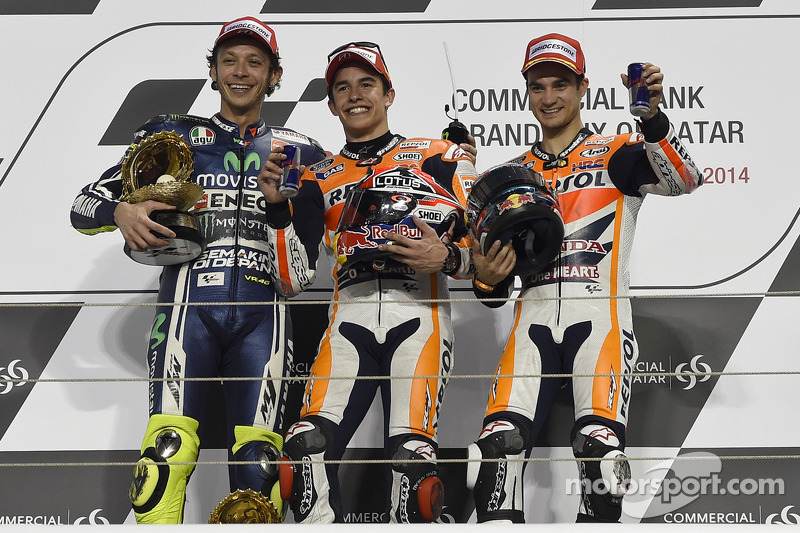 Podium: Sieger Marc Marquez mit Valentino Rossi und Dani Pedrosa