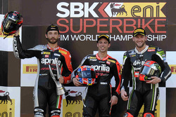 Podio di Gara 2: vincitore Marco Melandri, secondo posto per Sylvain Guintoli e terzo posto per Tom