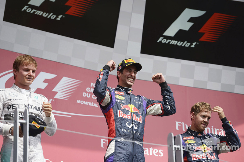 Daniel Ricciardo, Nico Rosberg and Sebastian Vettel celebrate on the podium