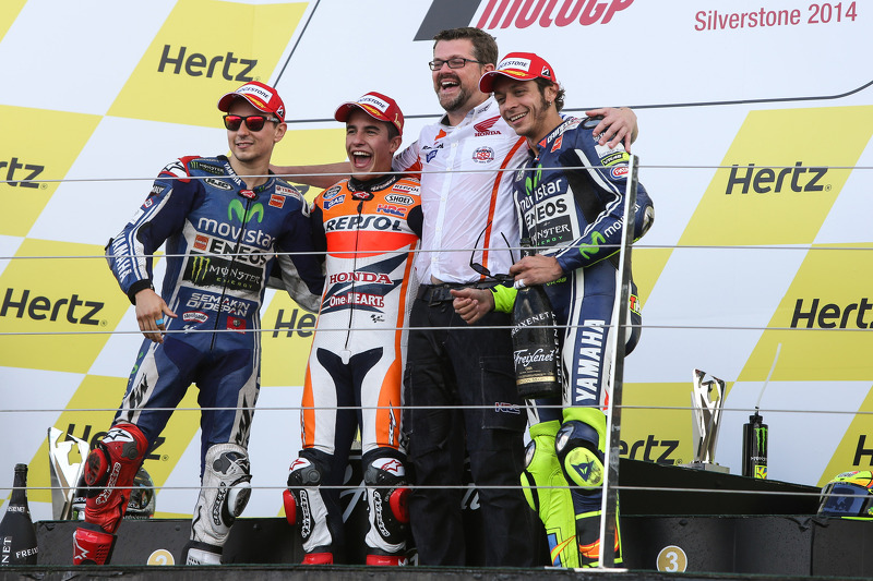 Podium: pemenang Marc Marquez, posisi kedua Jorge Lorenzo, posisi ketiga Valentino Rossi