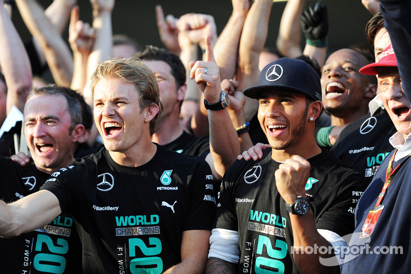 (L to R): Paddy Lowe, Mercedes AMG F1 Executive Director, Mercedes AMG F1; Lewis Hamilton, Mercedes AMG F1; Toto Wolff, Mercedes AMG F1 Shareholder and Executive Director; and Niki Lauda, Mercedes Non-Executive Chairman celebrate winning the 2014 Construc