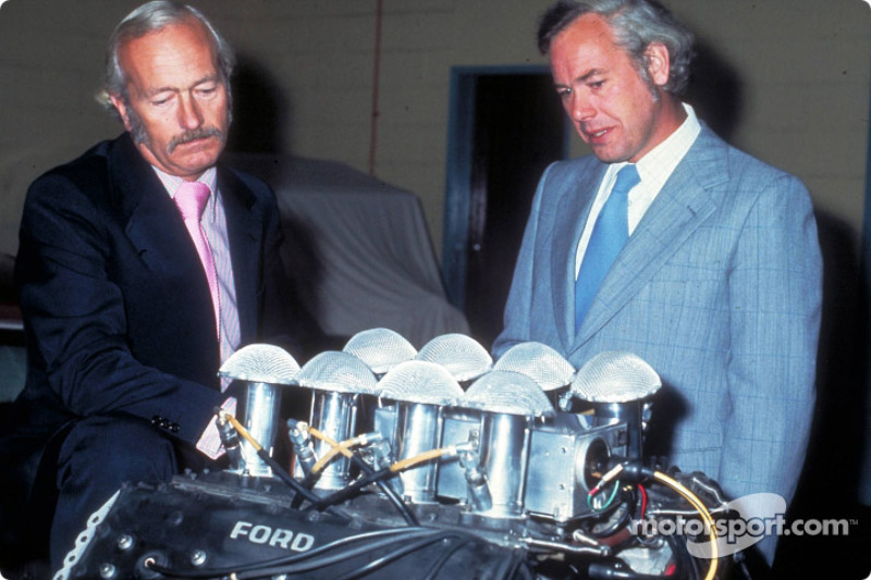 Colin Chapman and Keith Duckworth with the 200th Ford Cosworth DFT engine