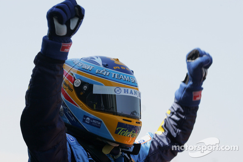 Pole winner Fernando Alonso celebrates