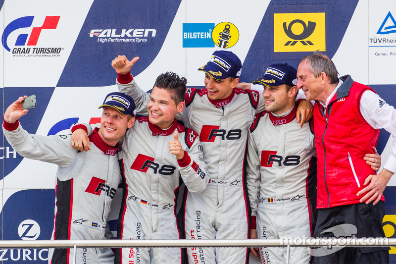 Podium: selfie for Edward Sandström, Christopher Mies Nico Müller, Laurens Vanthoor and Romolo Liebchen