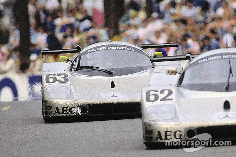 #63 Team Sauber Mercedes Sauber-Mercedes C9: Jochen Mass, Manuel Reuter, Stanley Dickens and #62 Team Sauber Mercedes Sauber-Mercedes C9: Jean-Louis Schlesser, Jean-Pierre Jabouille, Alain Cudini