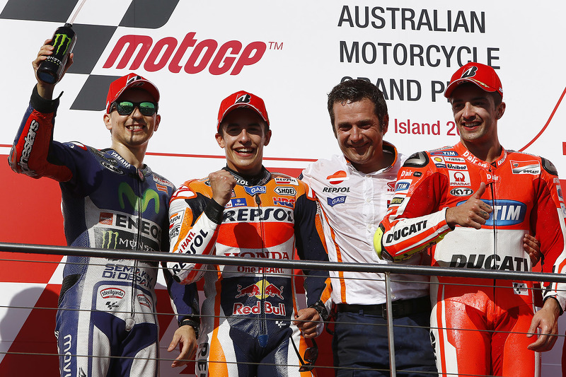 Podium: Ganador, Marc Márquez, Repsol Honda Team, segundo, Jorge Lorenzo, Yamaha Factory Racing, ter