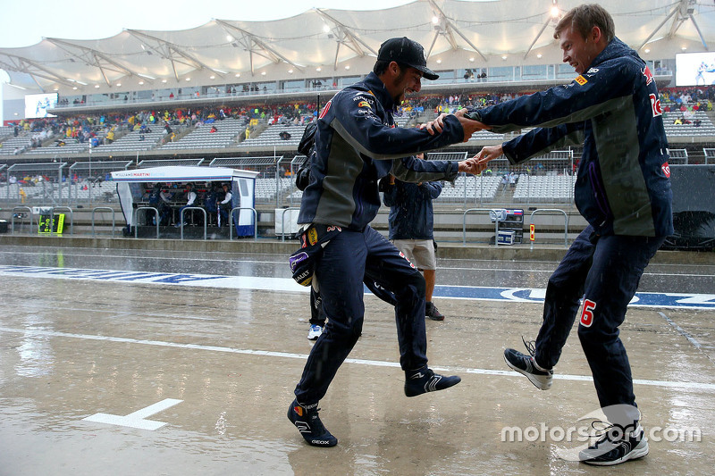 5. Daniel Ricciardo, Red Bull Racing and Daniil Kvyat, Red Bull Racing dance together
