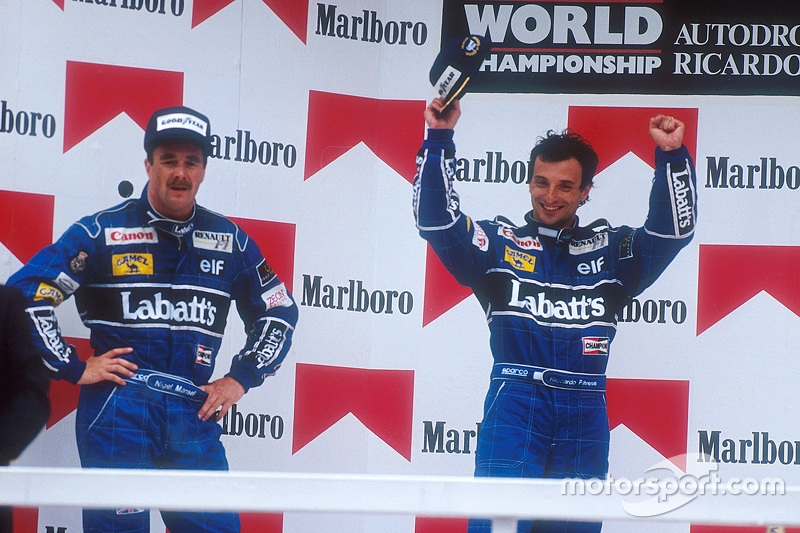 Podium: winnaar Riccardo Patrese, tweede Nigel Mansell