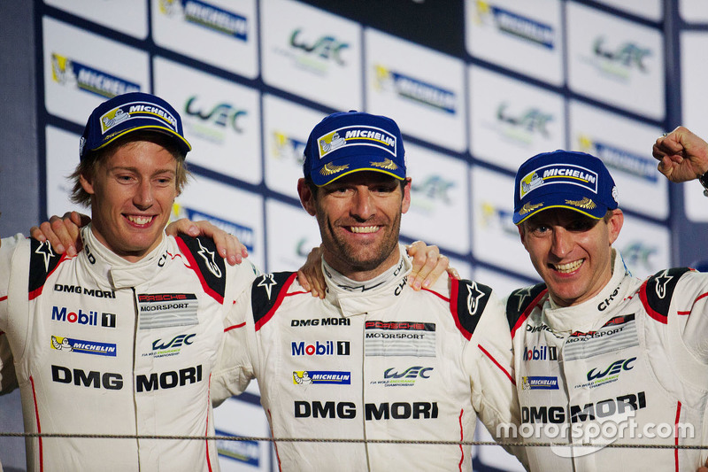 Podium: race winners Timo Bernhard, Mark Webber, Brendon Hartley, Porsche Team