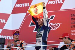 Podium: second place Marc Marquez, Repsol Honda Team and Winner and 2015 World Champion Jorge Lorenzo, Yamaha Factory Racing and third place Dani Pedrosa, Repsol Honda Team