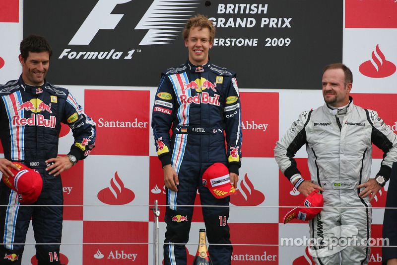 Podio de F1 en Silverstone 2009: 1. Sebastian Vettel, 2. Mark Webber, 3. Rubens Barrichello
