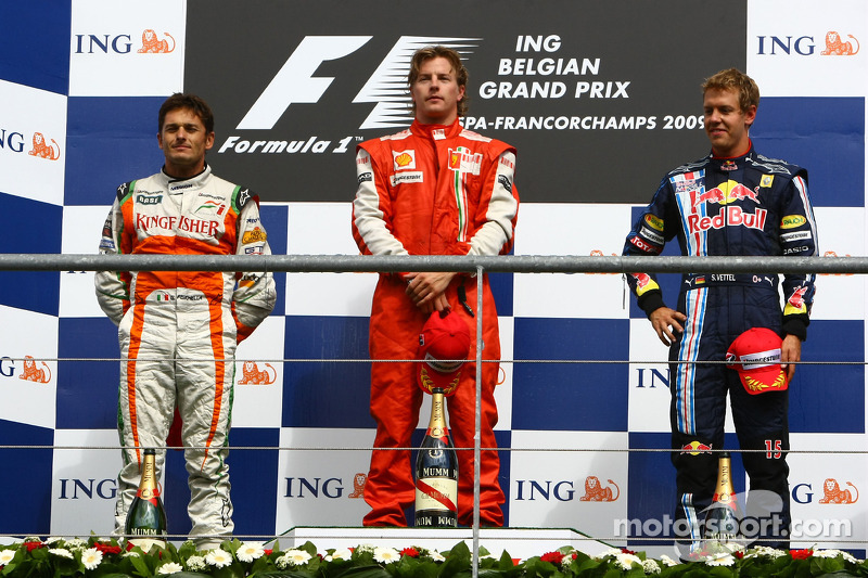 Podio: 2°, Giancarlo Fisichella, Force India F1 Team, 1°, Kimi Raikkonen, Scuderia Ferrari, 3°, Sebastian Vettel, Red Bull Racing