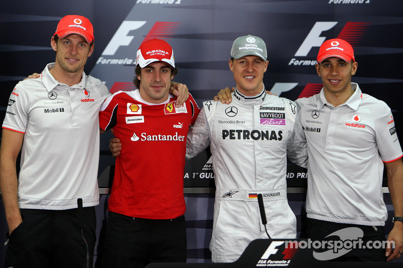 Die 4 Weltmeister: Jenson Button, McLaren Mercedes, Fernando Alonso, Scuderia Ferrari, Michael Schum
